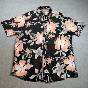 Margaritaville Hawaiian Shirt Black Peach Floral Men's M Rayon Aloha Camp